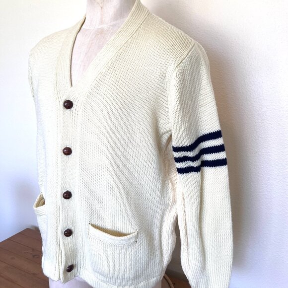 80's Collegiate Cardigan - Vanilla & Navy - Large - Unisex - Gender Neutral - Picture 2 of 9